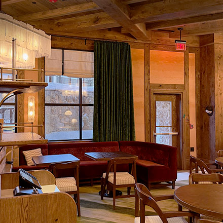 Big Sky Resort restaurant M main dining room with custom window treatment