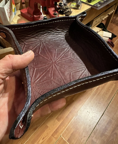 Leather valet tray with special embossed design