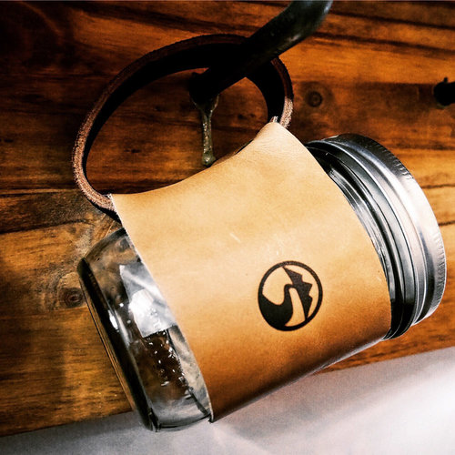 Mason jar coffee mug with handcrafted leather holder