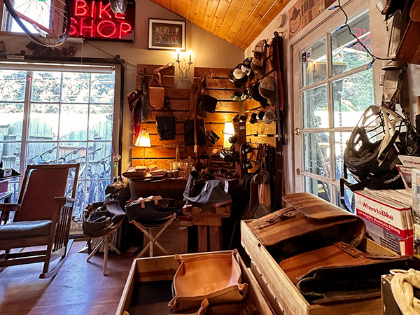 Shop main room with leather goods in front