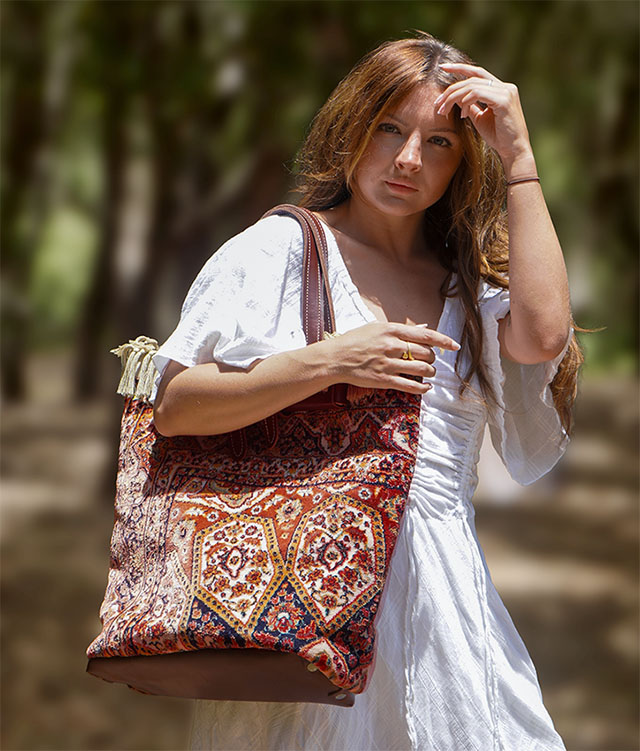 Model with TCO Carpet Bag with maroon Persian rug desing