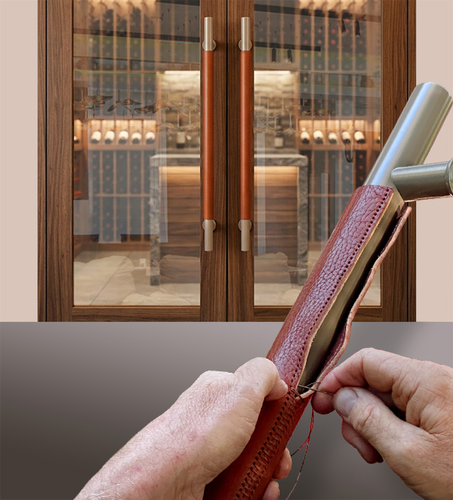Hand sewing leather cover for door pull with wine cellar showing the installed door pulls in the background