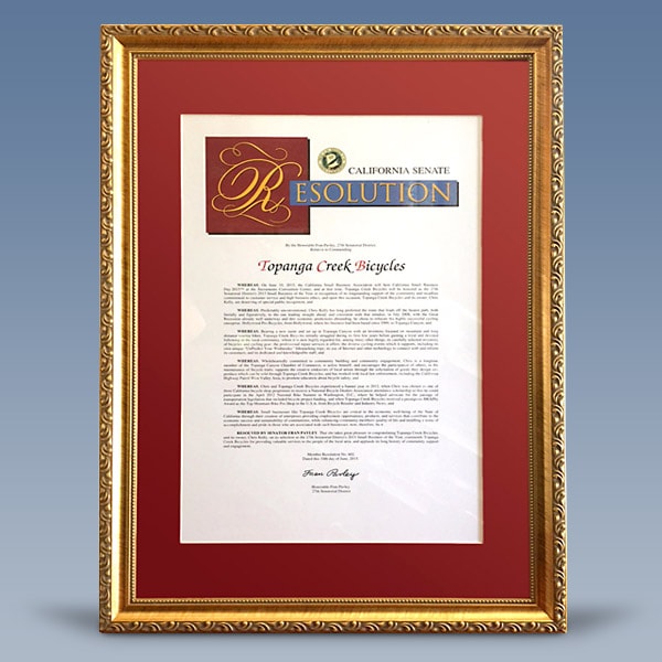 2015 California Small Business of the Year official resolution inside a frame
