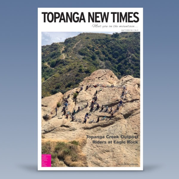 Topanga New Times, July 2020, article cover for Topanga Creek Outpost and riders making a peace sign.