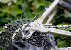 Sal's TCO titanium bike has thru-axle slider dropout makes the bike more versatile