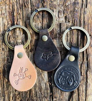 Leather keychains made at the Belt Brigade
