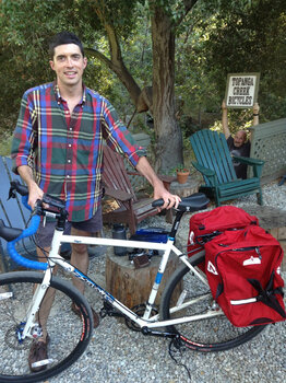 Dylan can't wait to start a bike trip on his new Salsa Vaya complete with Tubus rack and Arkel Panniers