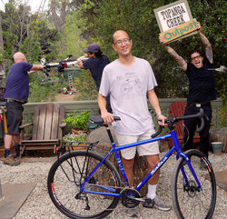 Brian's pretty blue Salsa Vaya is the perfect bike for him