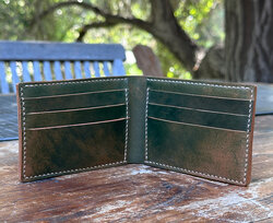 The inside of 100% handcrafted green Rocado Shell Cordovan wallet