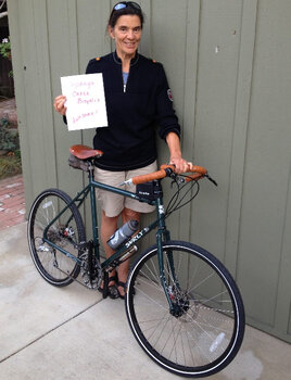 Nancy's Long Haul has Brooks B17 saddle with matching bar tape