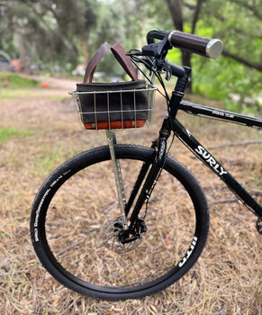 Surly Bridge Club with a custom handlebar, front wired basket, and TCO's canvas bag