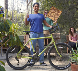 Joaquin looks super happy to pick up the new Disc Trucker