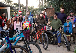 What a fun way to celebrate new bike day picture! A pair of Karate Monkeys with upgraded handlebars for Shannon and Dave.