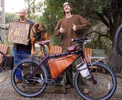 Kaden is about to go on an amazing adventure in Chile on this Surly Karate Monkey with leather framebags handmade by us.