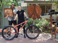 Amy is ready to ride her new Karate Monkey right out of the shop