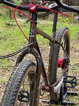 A custom Surly Ogre with Rohloff internal gear hub in the rear and SON dynamo front hub for the ultimate bikepacking experience