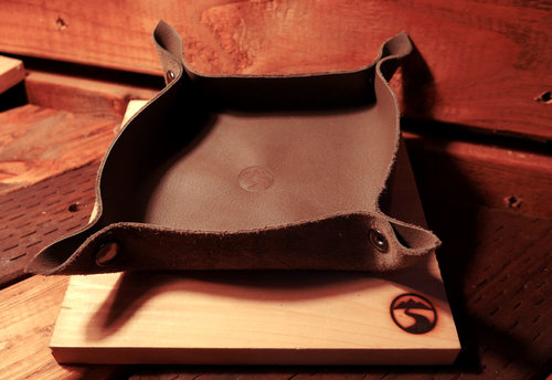 A square leather valet tray