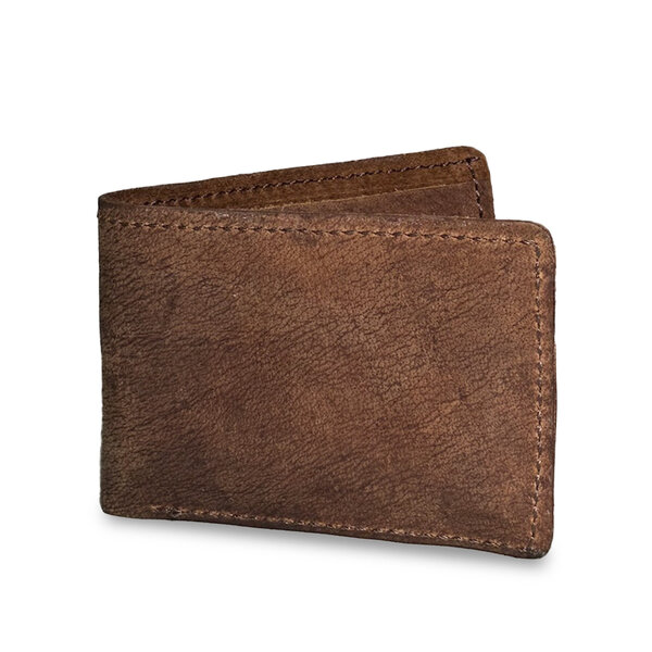 A finished bi-fold wallet in buffalo leather