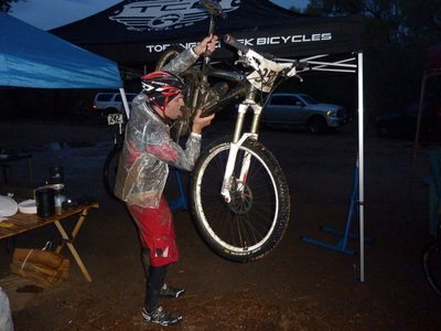 Silvio eats his bike after a muddy finish