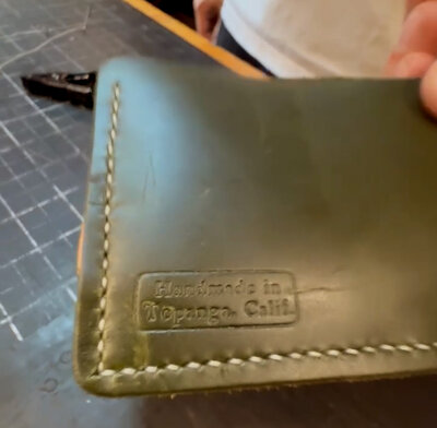 'Handmade in Topanga, Calif' stamp on the custom wallet